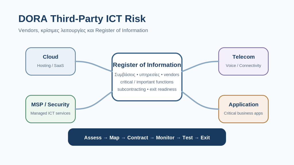 Σύνδεση παρόχων ICT, υπηρεσιών, συμβάσεων και κρίσιμων λειτουργιών στο Register of Information του DORA.